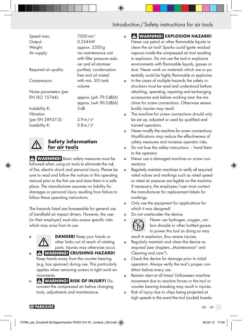 Introduction / safety instructions for air tools, Introduction, Safety information for air tools | Parkside PDSS 310 A1 User Manual | Page 49 / 59