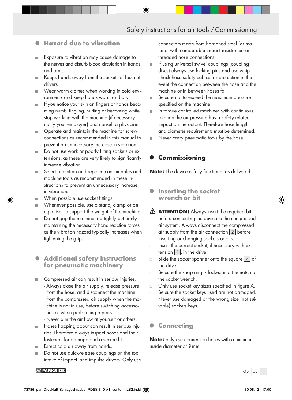 Safety instructions for air tools / commissioning, Safety instructions for air tools, Hazard due to vibration | Commissioning, Inserting the socket wrench or bit, Connecting | Parkside PDSS 310 A1 User Manual | Page 53 / 59
