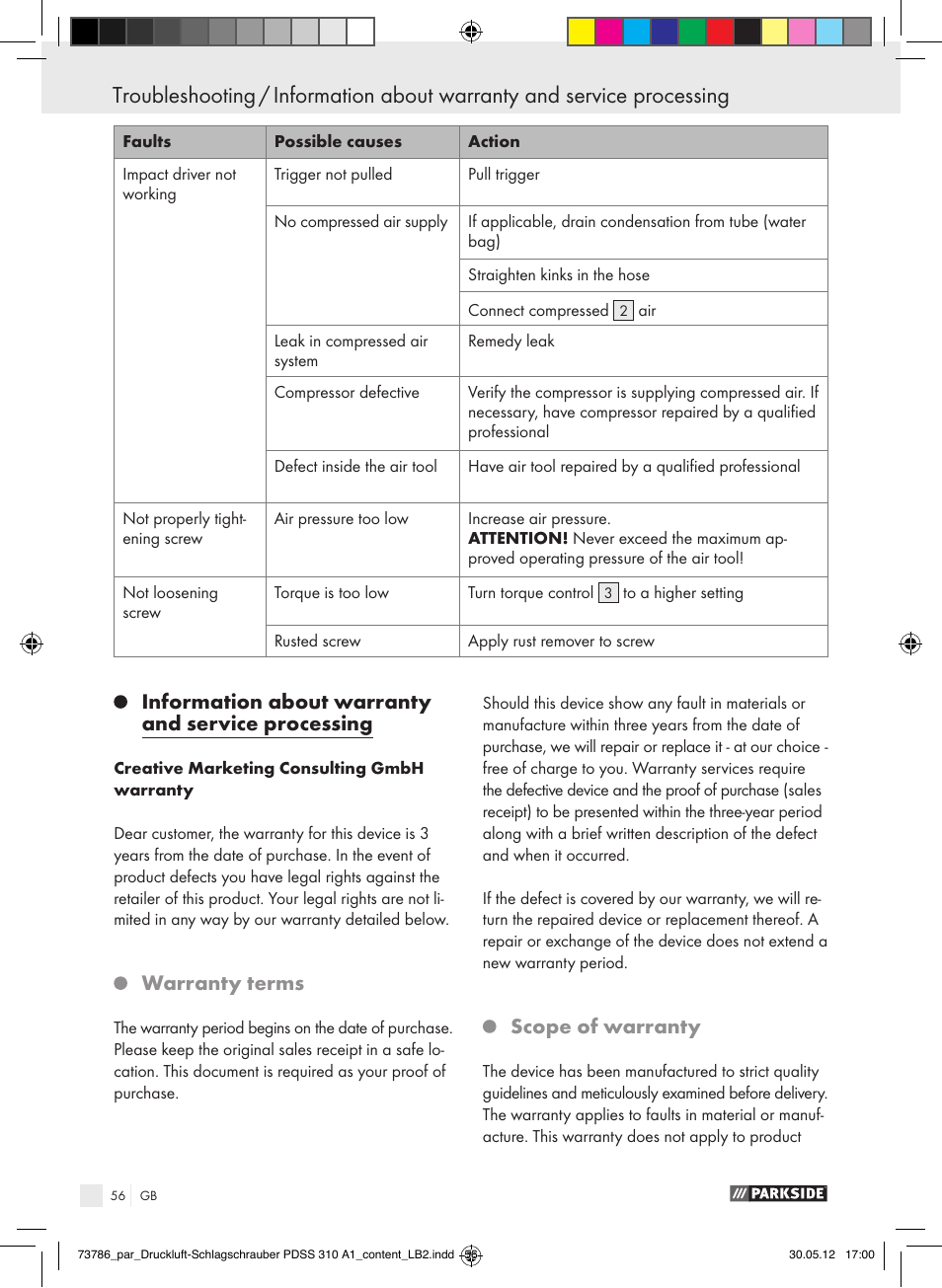 Information about warranty and service processing, Warranty terms, Scope of warranty | Parkside PDSS 310 A1 User Manual | Page 56 / 59