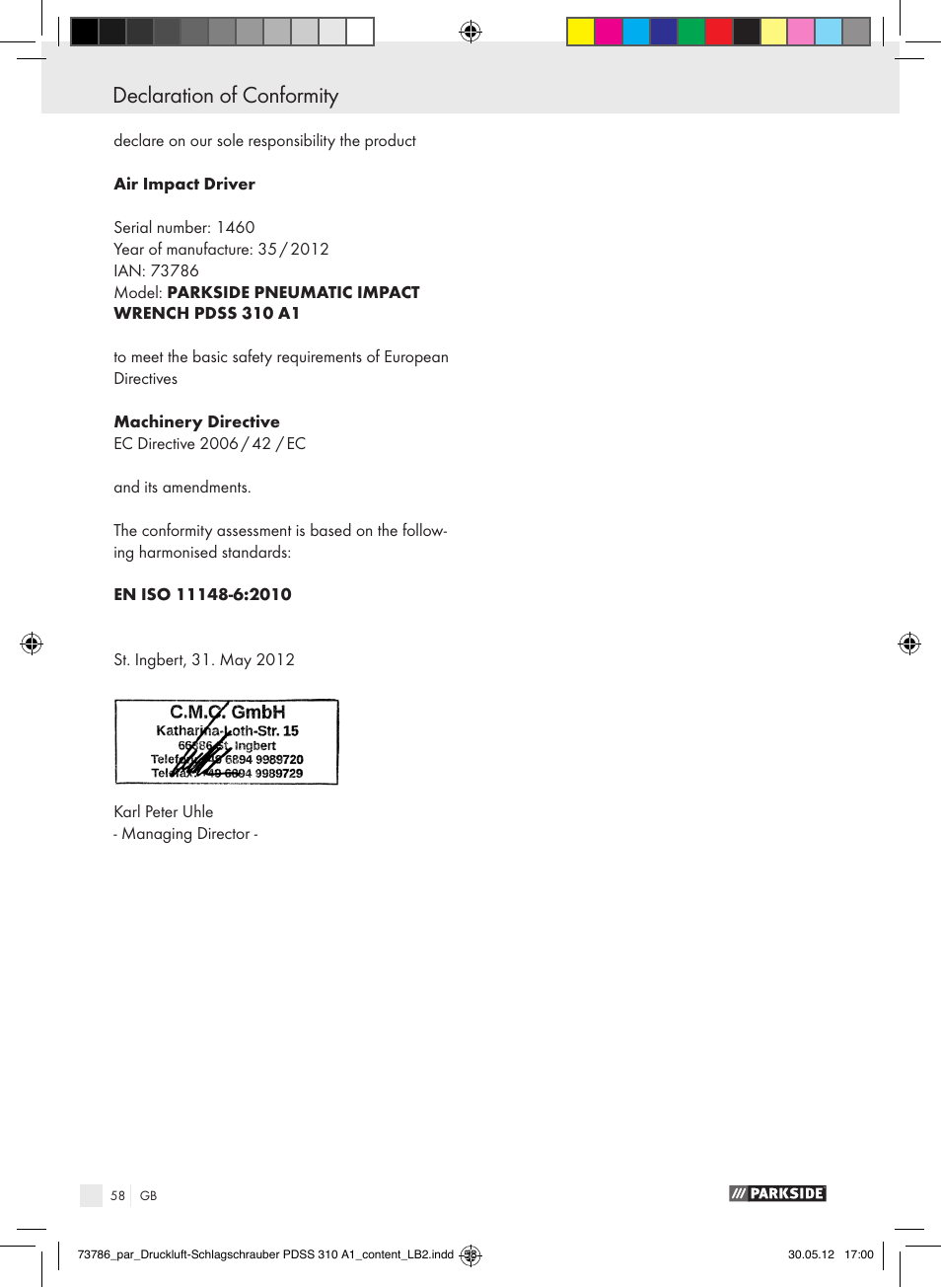 Declaration of conformity | Parkside PDSS 310 A1 User Manual | Page 58 / 59