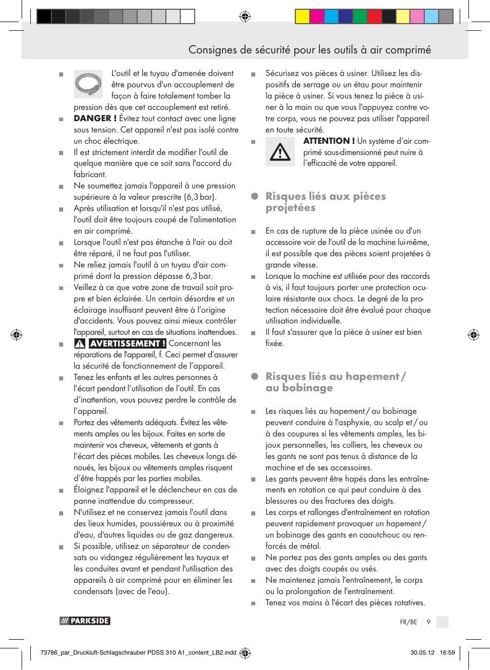 Risques liés aux pièces projetées, Risques liés au hapement / au bobinage | Parkside PDSS 310 A1 User Manual | Page 9 / 59
