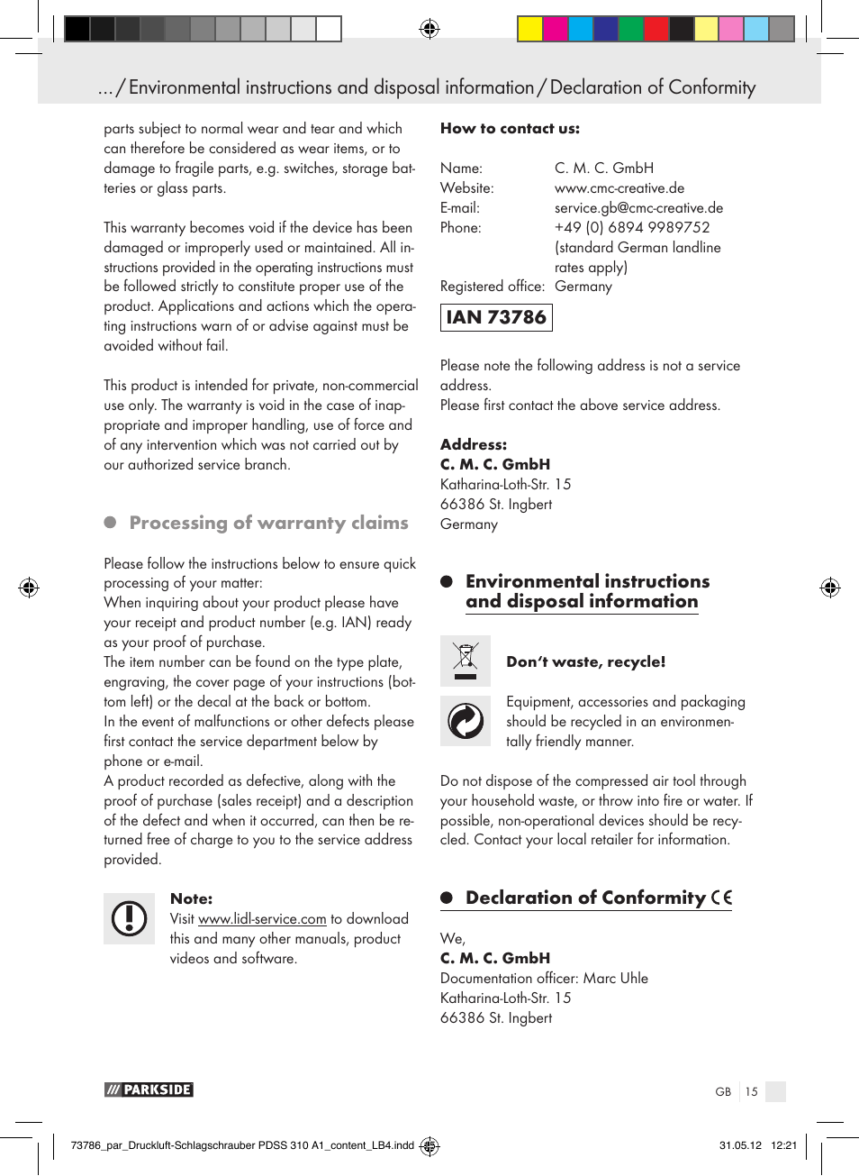 Processing of warranty claims, Declaration of conformity | Parkside PDSS 310 A1 User Manual | Page 15 / 98