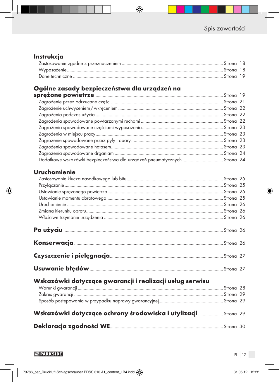 Spis zawartości declaration of conformity | Parkside PDSS 310 A1 User Manual | Page 17 / 98