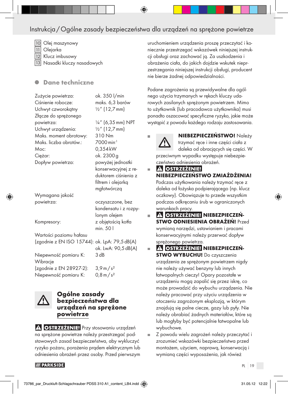 Dane techniczne | Parkside PDSS 310 A1 User Manual | Page 19 / 98