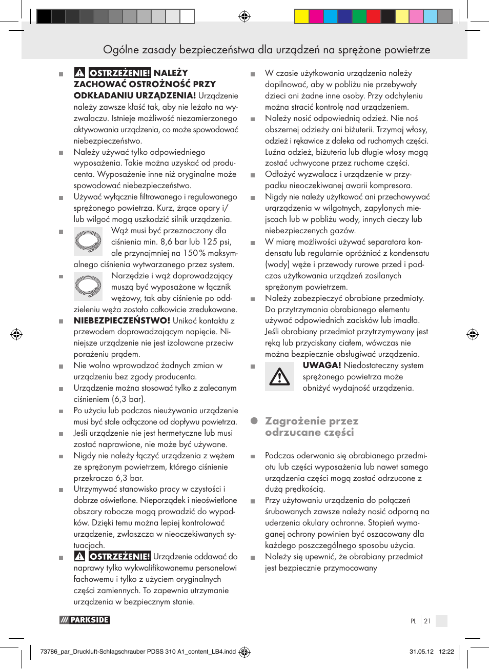 Zagrożenie przez odrzucane części | Parkside PDSS 310 A1 User Manual | Page 21 / 98