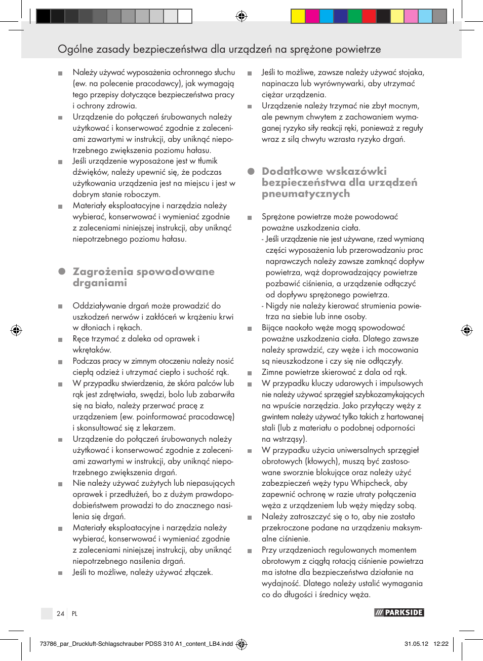 Zagrożenia spowodowane drganiami | Parkside PDSS 310 A1 User Manual | Page 24 / 98