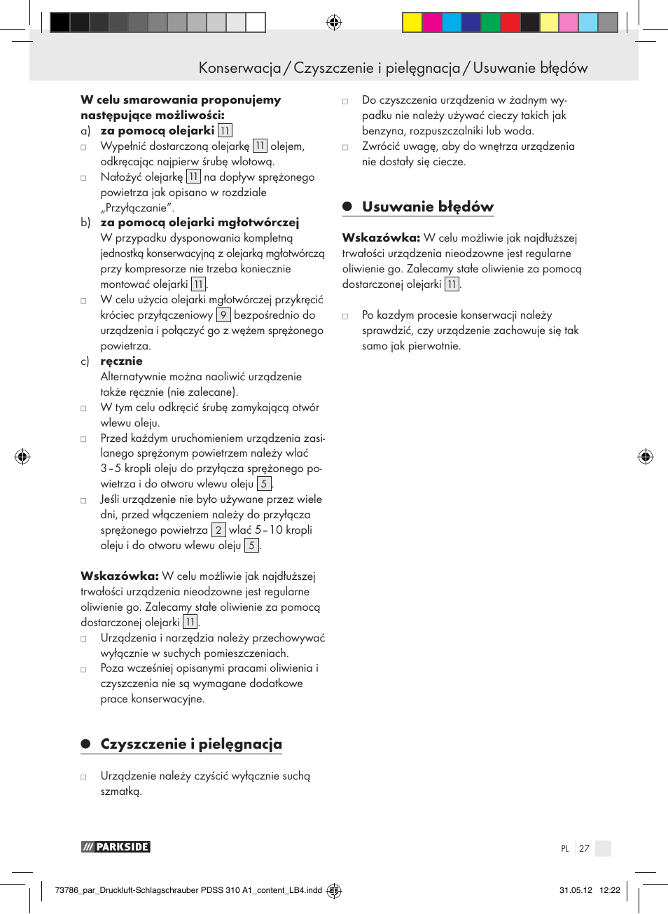 Czyszczenie i pielęgnacja, Usuwanie błędów | Parkside PDSS 310 A1 User Manual | Page 27 / 98