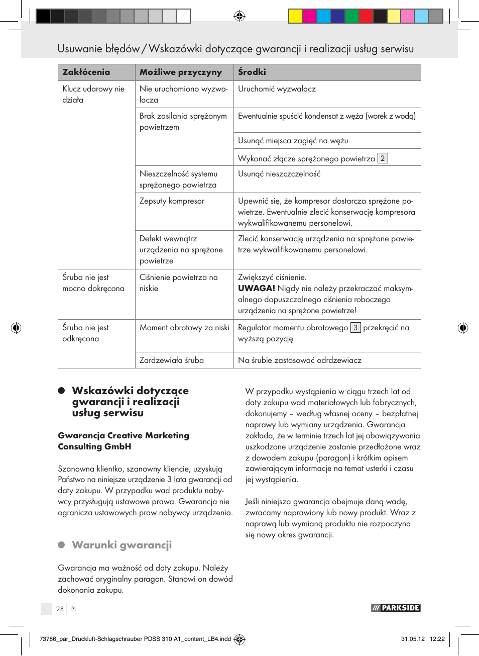 Warunki gwarancji | Parkside PDSS 310 A1 User Manual | Page 28 / 98