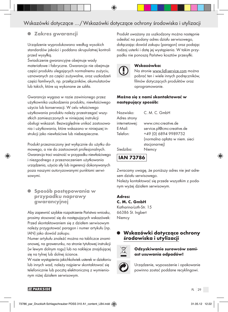 Zakres gwarancji | Parkside PDSS 310 A1 User Manual | Page 29 / 98