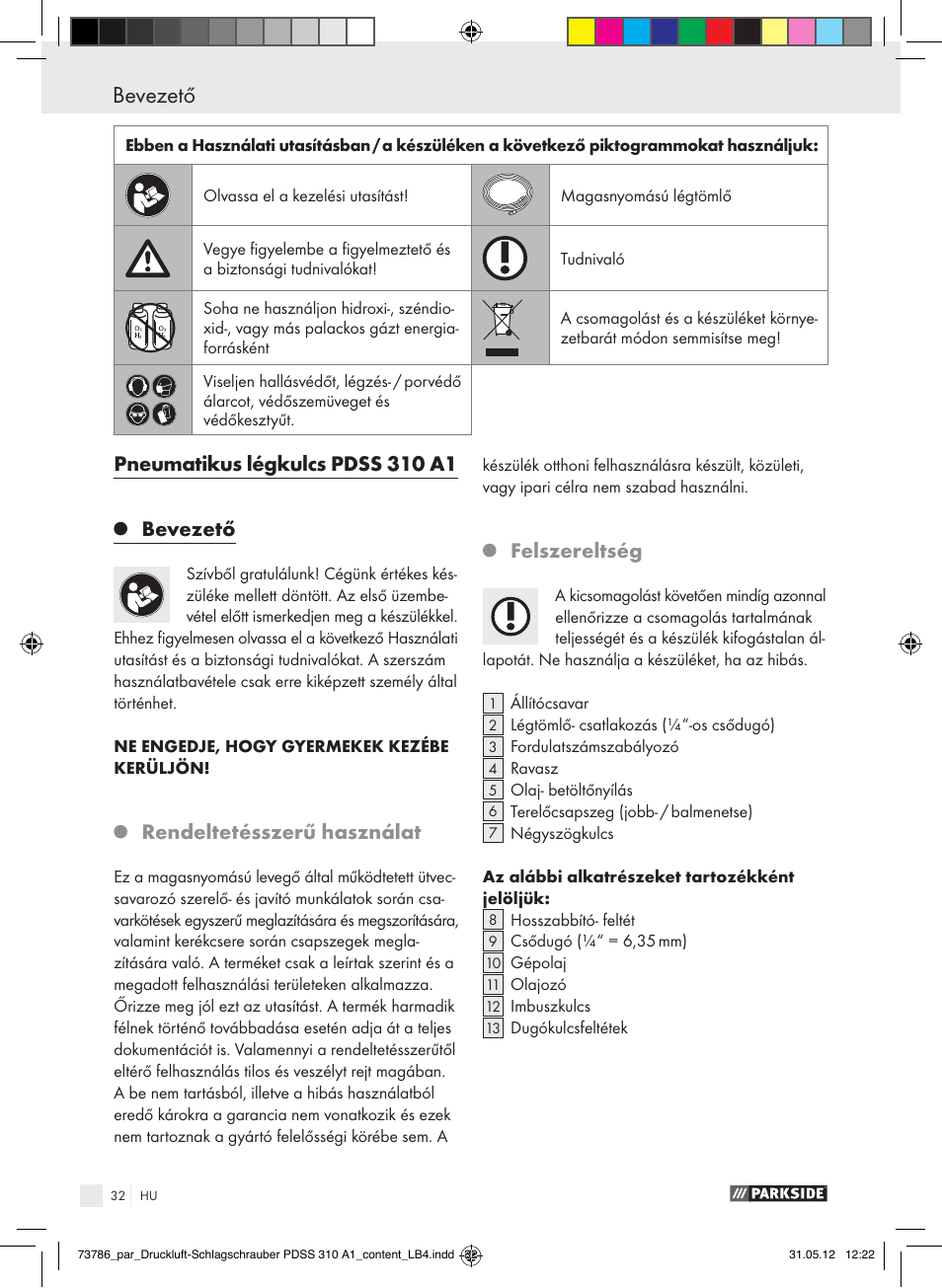 Pneumatikus légkulcs pdss 310 a1 bevezető, Rendeltetésszerű használat, Felszereltség | Parkside PDSS 310 A1 User Manual | Page 32 / 98