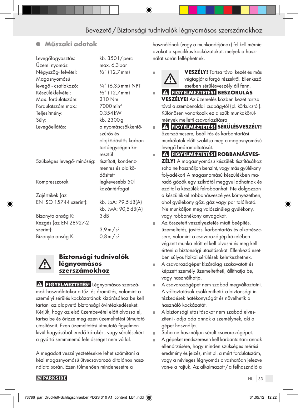 Műszaki adatok, Biztonsági tudnivalók légnyomásos szerszámokhoz | Parkside PDSS 310 A1 User Manual | Page 33 / 98