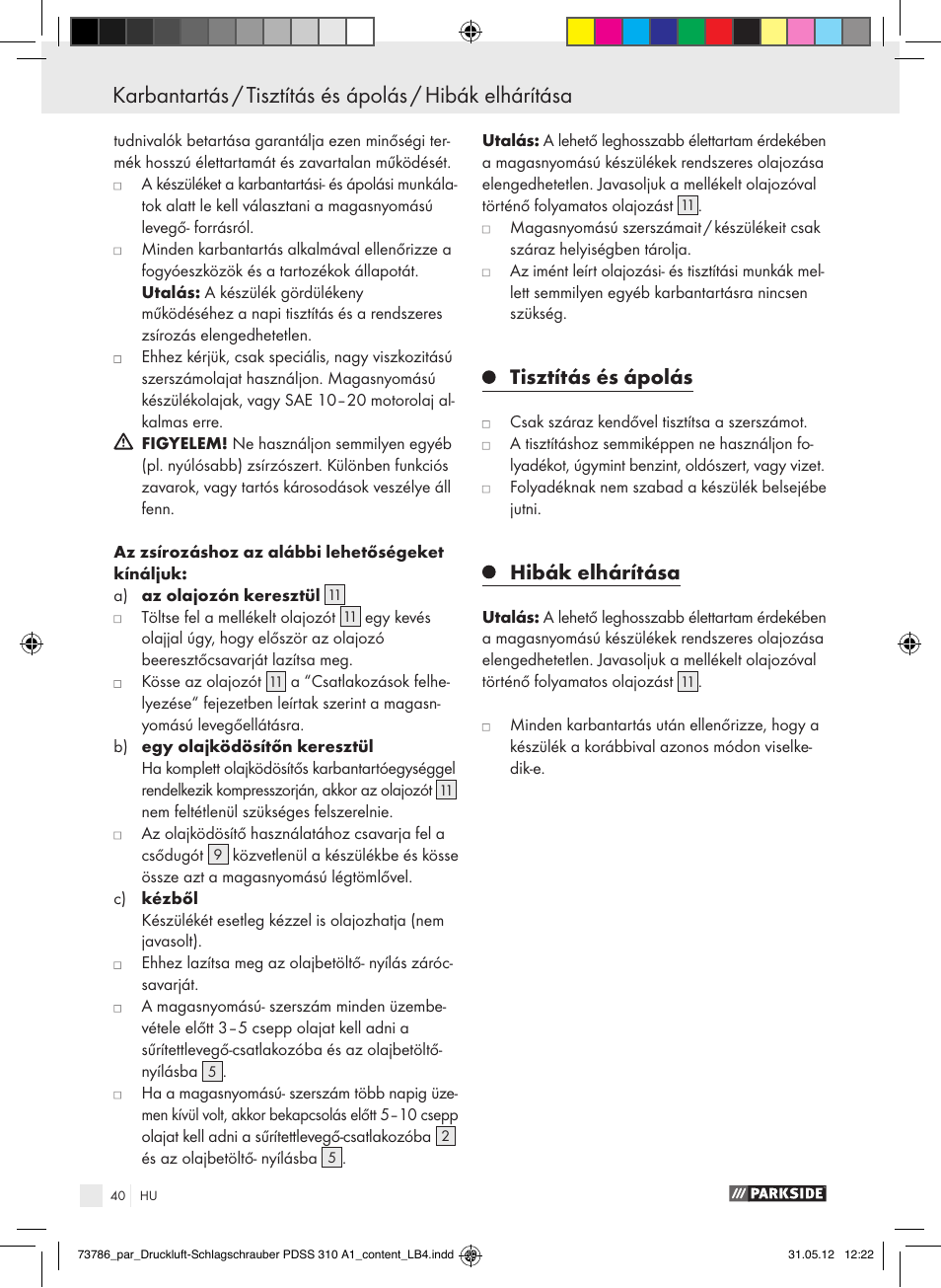 Tisztítás és ápolás, Hibák elhárítása | Parkside PDSS 310 A1 User Manual | Page 40 / 98