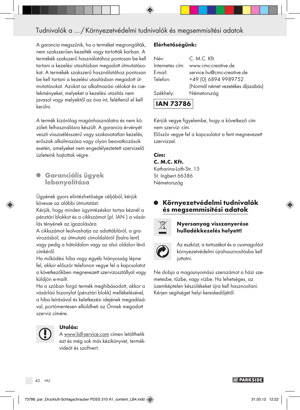 Garanciális ügyek lebonyolítása | Parkside PDSS 310 A1 User Manual | Page 42 / 98