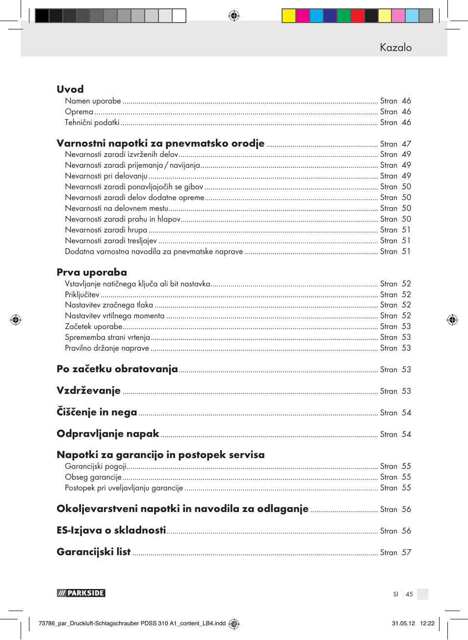 Kazalo | Parkside PDSS 310 A1 User Manual | Page 45 / 98