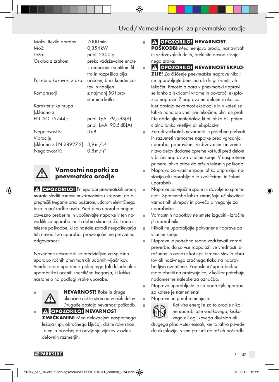 Uvod / varnostni napotki za pnevmatsko orodje uvod, Varnostni napotki za pnevmatsko orodje | Parkside PDSS 310 A1 User Manual | Page 47 / 98