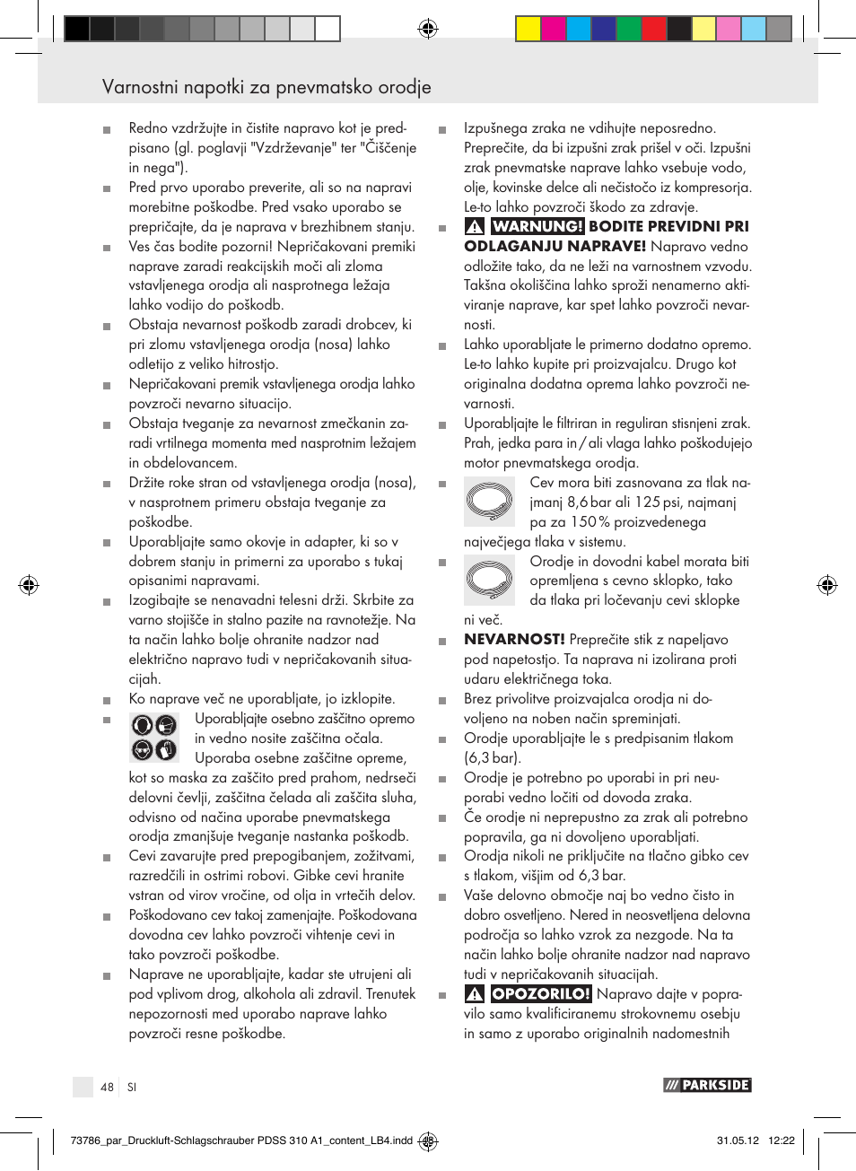 Varnostni napotki za pnevmatsko orodje | Parkside PDSS 310 A1 User Manual | Page 48 / 98