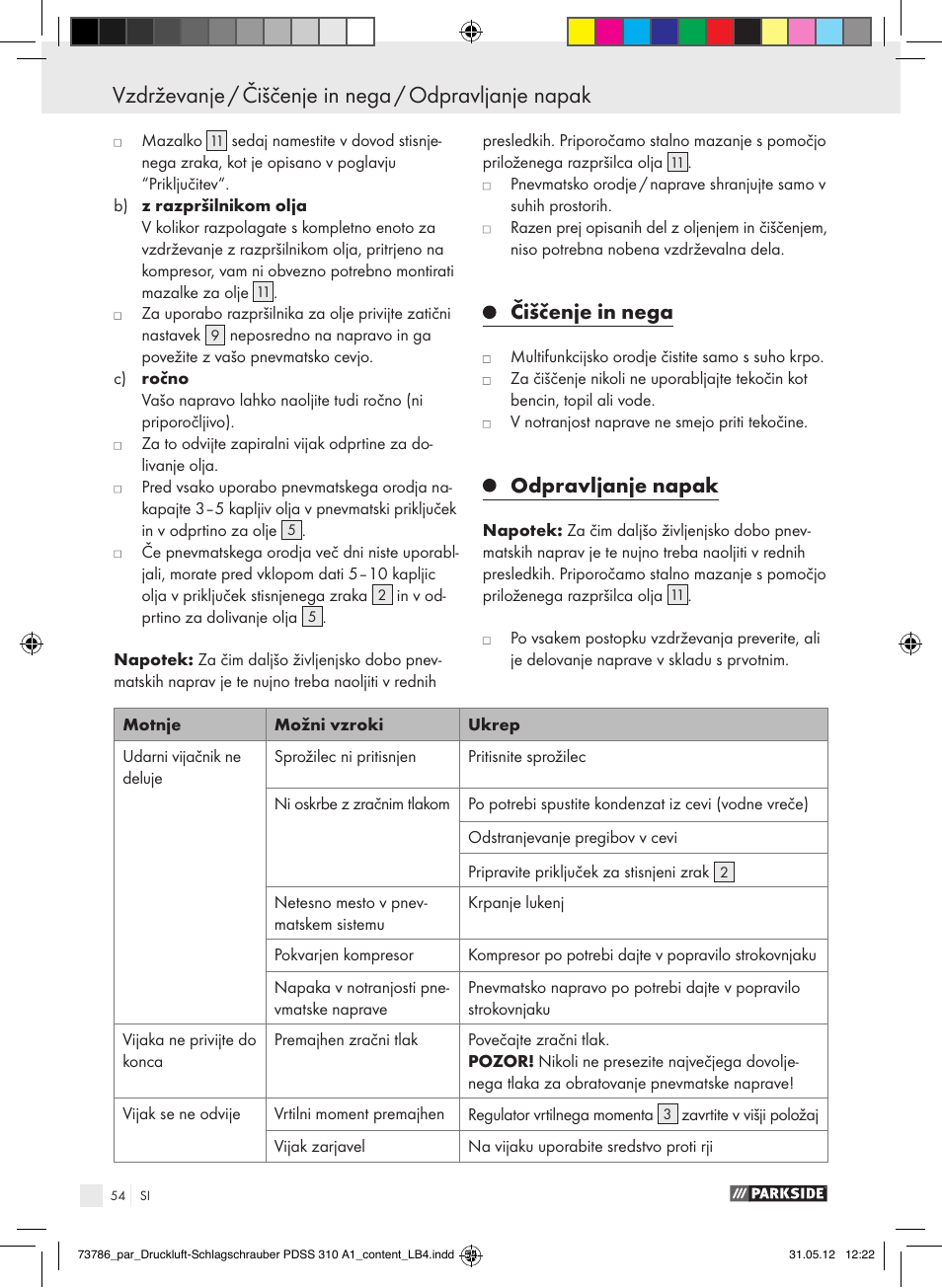 Čiščenje in nega, Odpravljanje napak | Parkside PDSS 310 A1 User Manual | Page 54 / 98