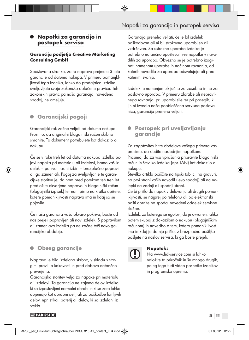 Napotki za garancijo in postopek servisa, Garancijski pogoji, Obseg garancije | Postopek pri uveljavljanju garancije | Parkside PDSS 310 A1 User Manual | Page 55 / 98