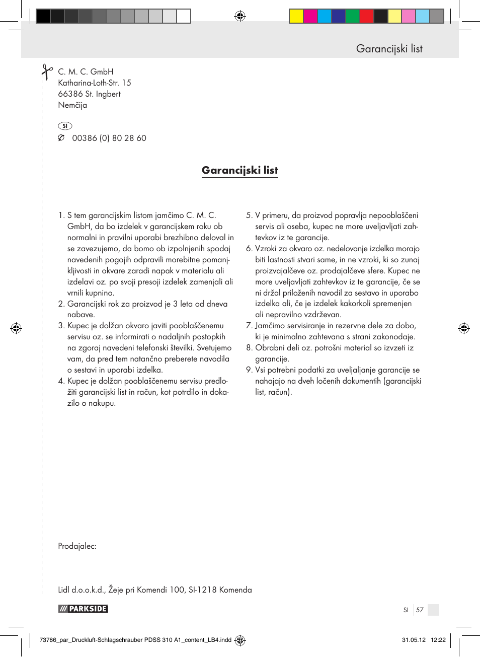 Garancijski list | Parkside PDSS 310 A1 User Manual | Page 57 / 98