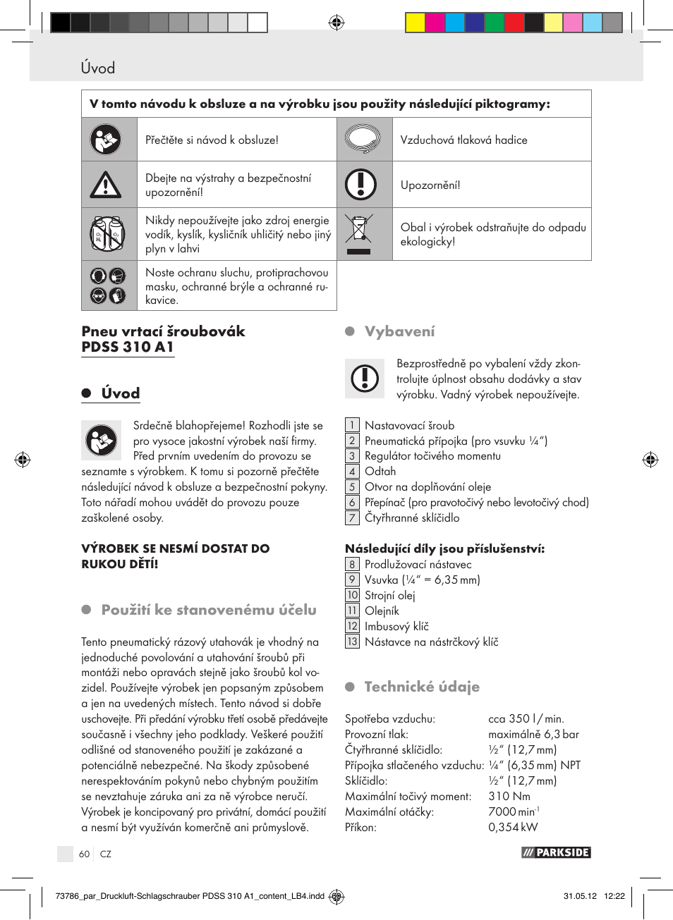 Úvod, Pneu vrtací šroubovák pdss 310 a1 úvod, Použití ke stanovenému účelu | Vybavení, Technické údaje | Parkside PDSS 310 A1 User Manual | Page 60 / 98