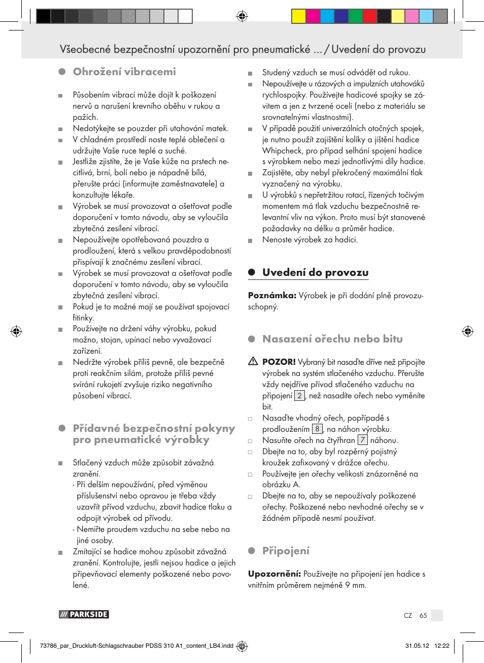 Ohrožení vibracemi, Uvedení do provozu, Nasazení ořechu nebo bitu | Připojení | Parkside PDSS 310 A1 User Manual | Page 65 / 98