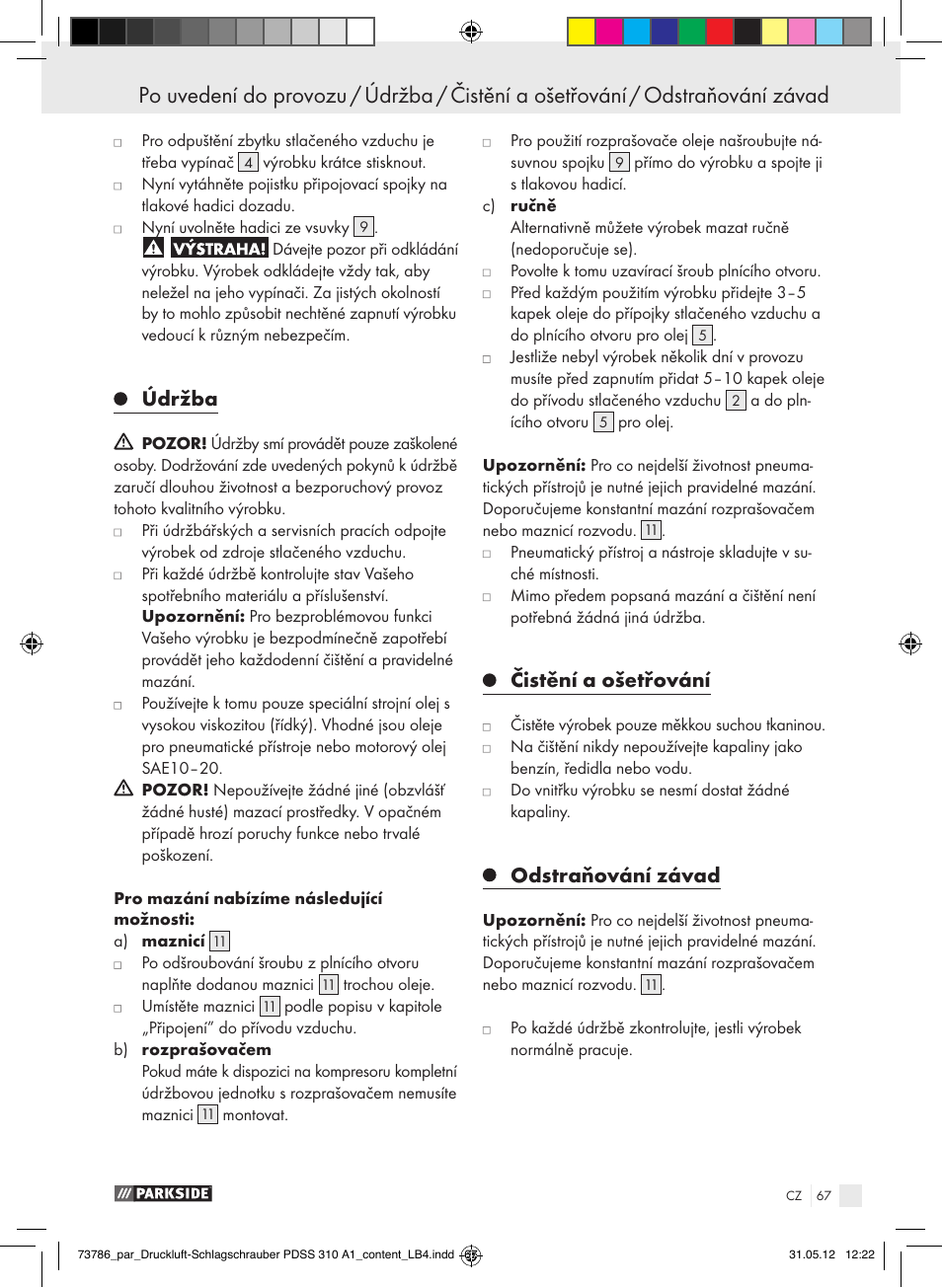 Údržba, Čistění a ošetřování, Odstraňování závad | Parkside PDSS 310 A1 User Manual | Page 67 / 98