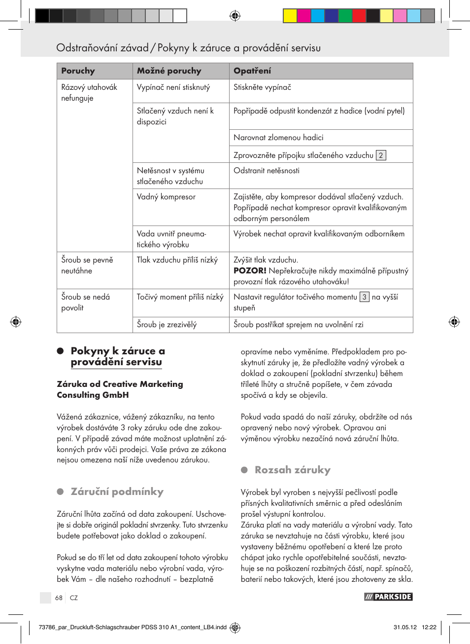 Pokyny k záruce a provádění servisu, Záruční podmínky, Rozsah záruky | Parkside PDSS 310 A1 User Manual | Page 68 / 98