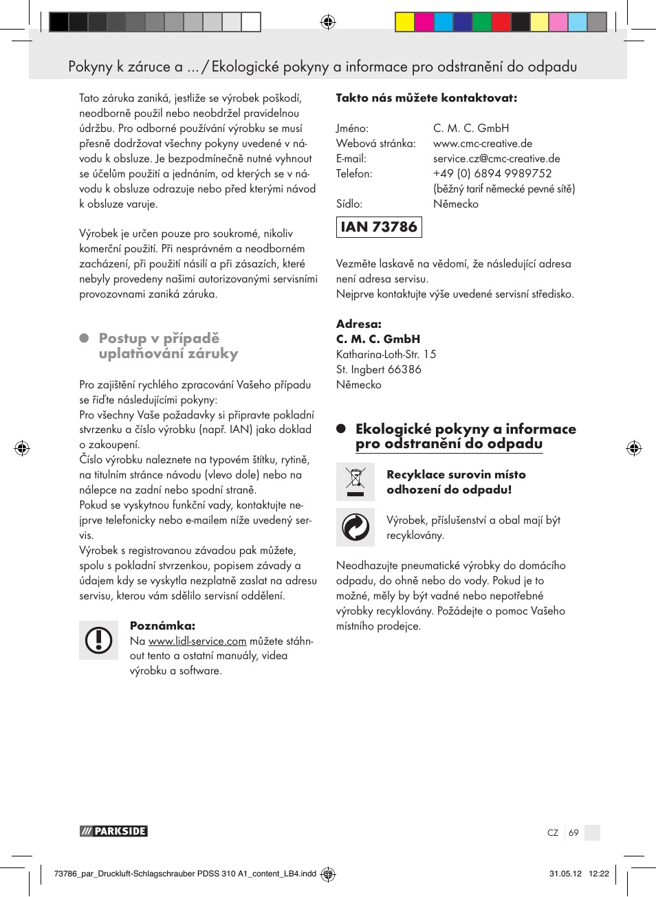 Postup v případě uplatňování záruky | Parkside PDSS 310 A1 User Manual | Page 69 / 98