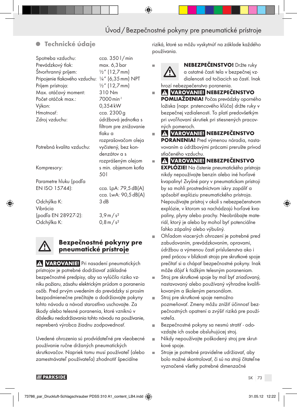 Technické údaje, Bezpečnostné pokyny pre pneumatické prístroje | Parkside PDSS 310 A1 User Manual | Page 73 / 98