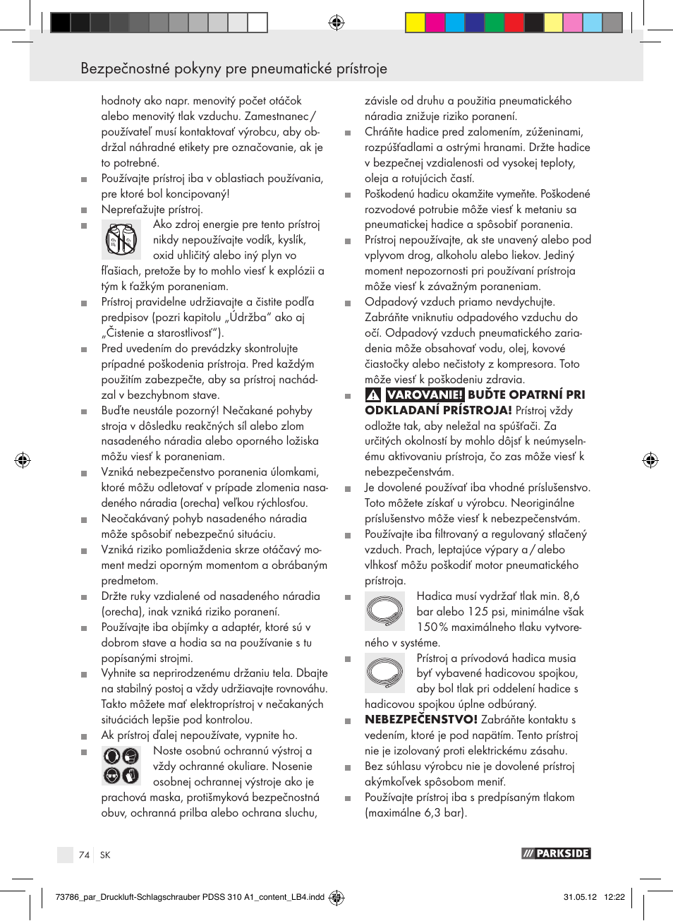 Bezpečnostné pokyny pre pneumatické prístroje | Parkside PDSS 310 A1 User Manual | Page 74 / 98