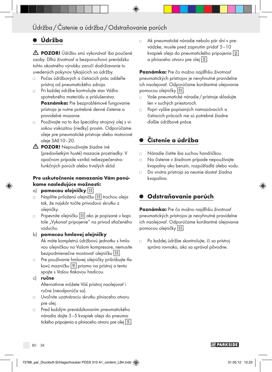 Údržba / čistenie a údržba / odstraňovanie porúch, Údržba, Čistenie a údržba | Odstraňovanie porúch | Parkside PDSS 310 A1 User Manual | Page 80 / 98