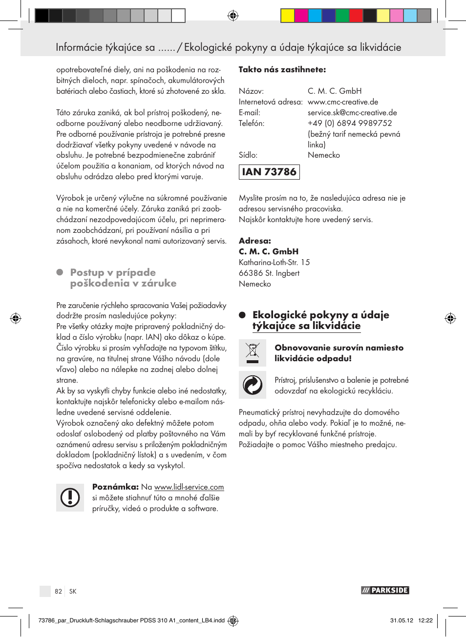 Eg-konformitné vyhlásenie, Postup v prípade poškodenia v záruke, Ekologické pokyny a údaje týkajúce sa likvidácie | Parkside PDSS 310 A1 User Manual | Page 82 / 98