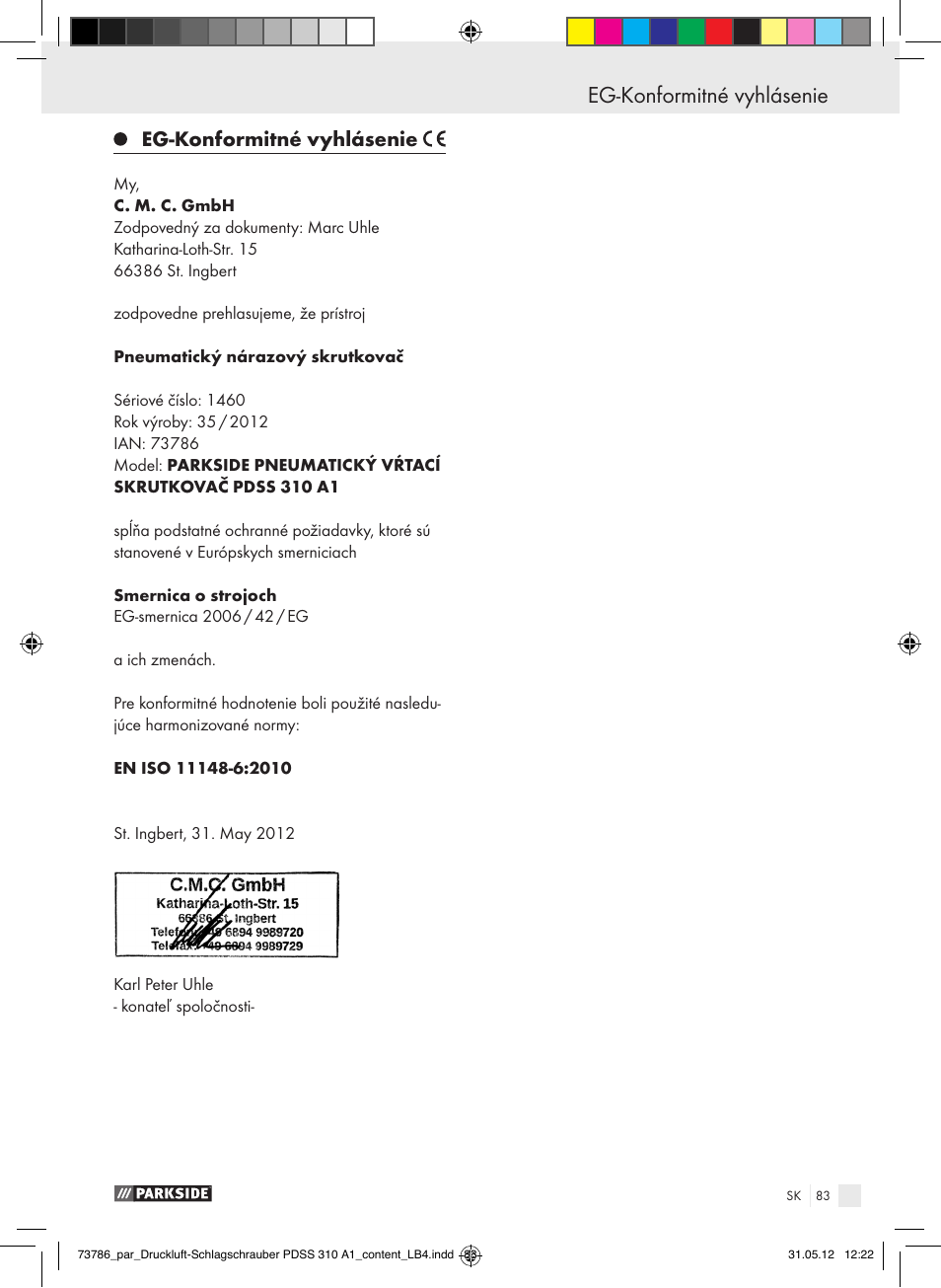 Eg-konformitné vyhlásenie | Parkside PDSS 310 A1 User Manual | Page 83 / 98