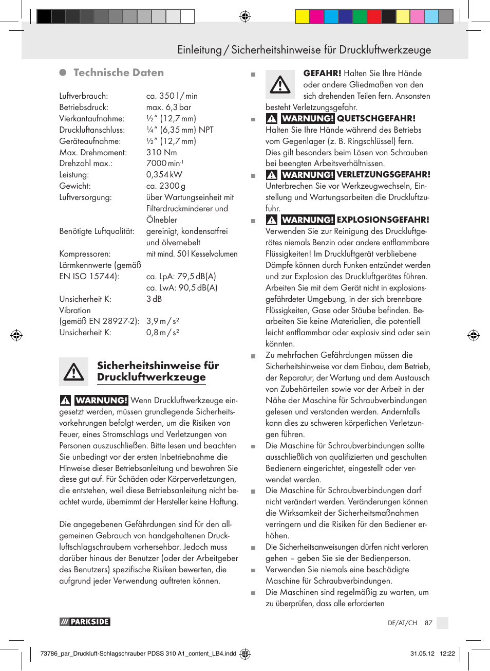 Einleitung, Technische daten, Sicherheitshinweise für druckluftwerkzeuge | Parkside PDSS 310 A1 User Manual | Page 87 / 98