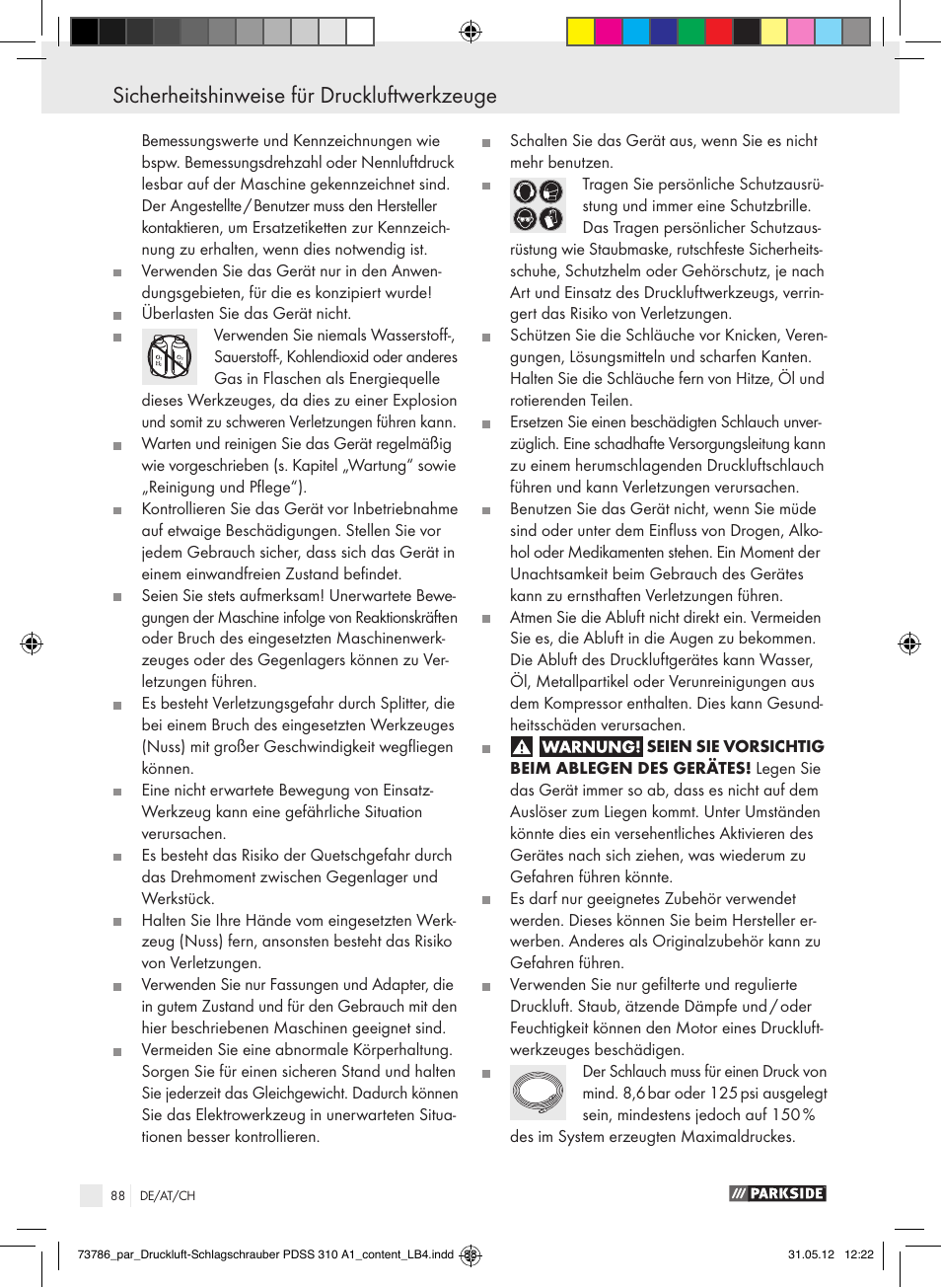 Sicherheitshinweise für druckluftwerkzeuge | Parkside PDSS 310 A1 User Manual | Page 88 / 98