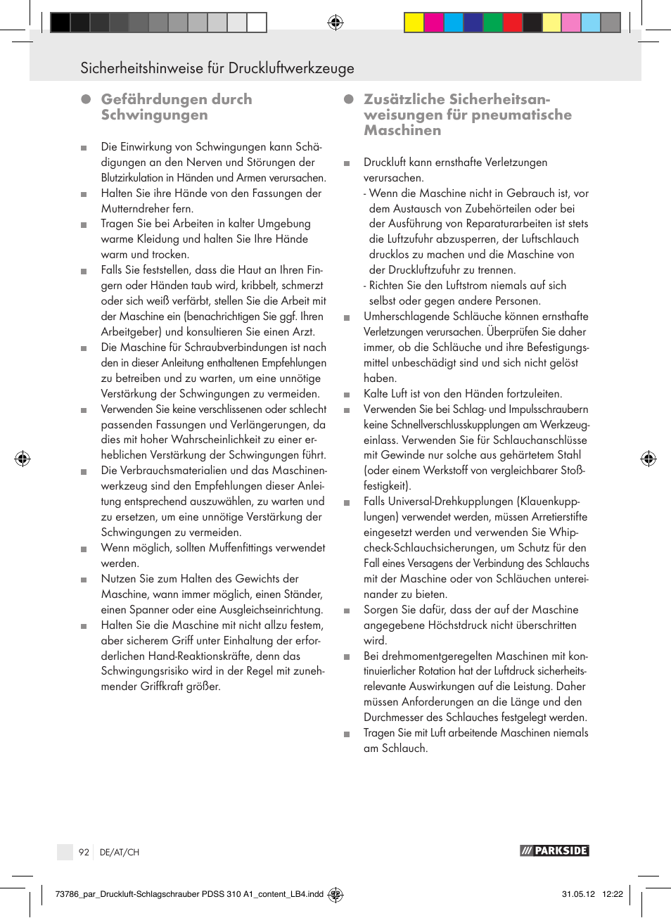 Gefährdungen durch schwingungen | Parkside PDSS 310 A1 User Manual | Page 92 / 98