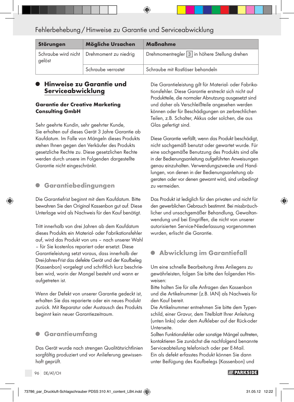 Hinweise zu garantie und serviceabwicklung, Garantiebedingungen, Garantieumfang | Abwicklung im garantiefall | Parkside PDSS 310 A1 User Manual | Page 96 / 98