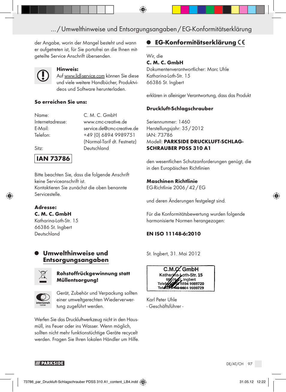 Umwelthinweise und entsorgungsangaben, Eg-konformitätserklärung | Parkside PDSS 310 A1 User Manual | Page 97 / 98