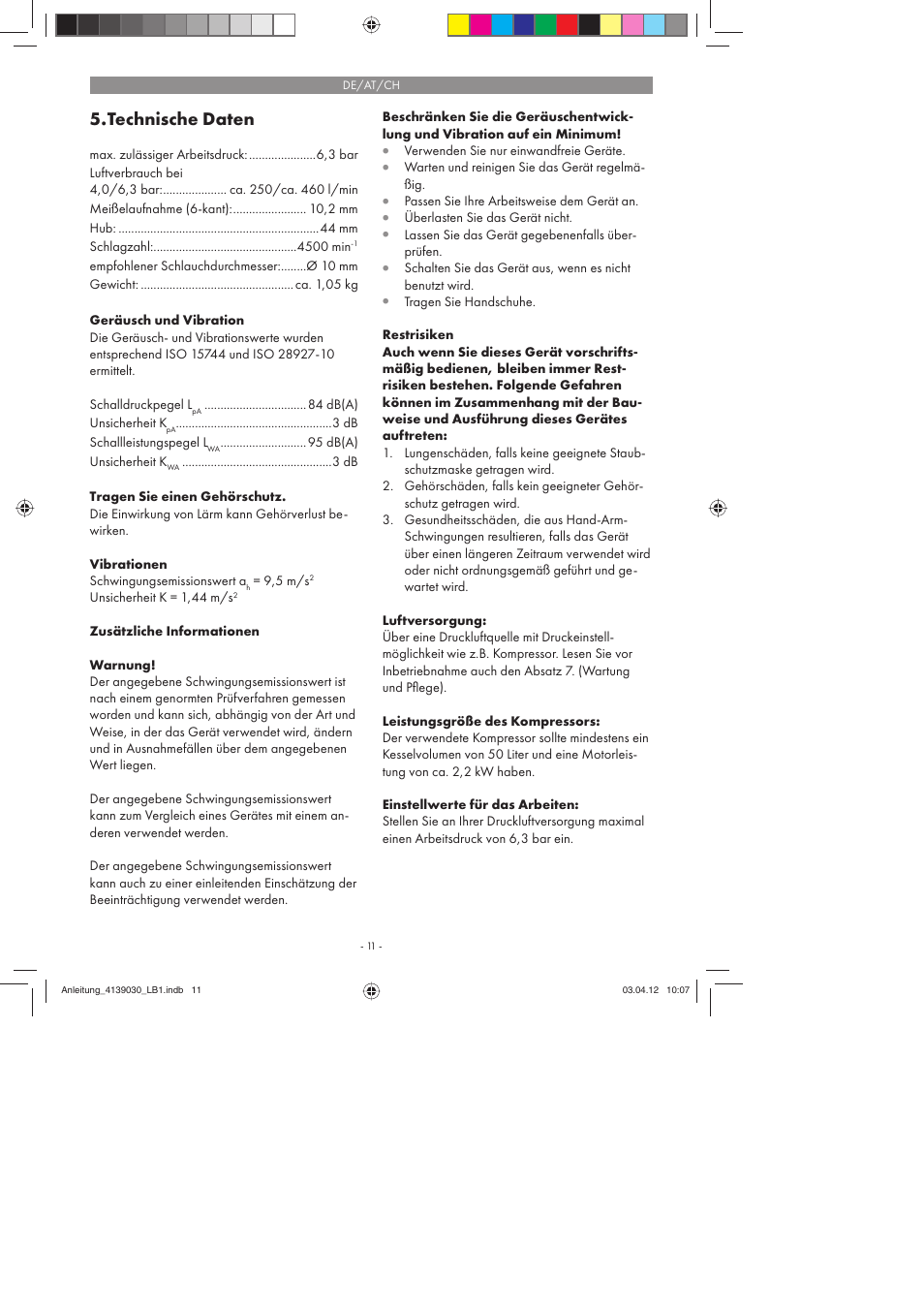 Technische daten | Parkside PDMH 4500 A2 User Manual | Page 11 / 62