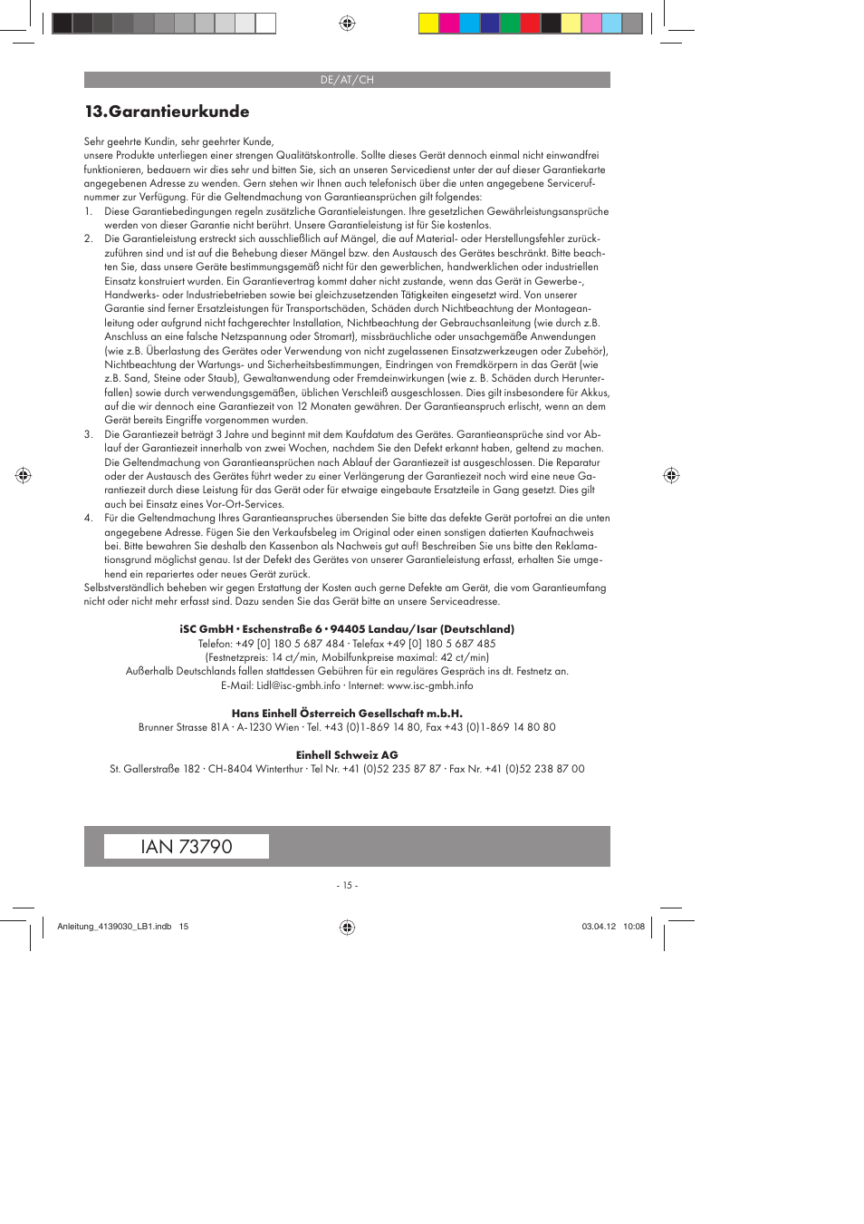 Garantieurkunde | Parkside PDMH 4500 A2 User Manual | Page 15 / 62