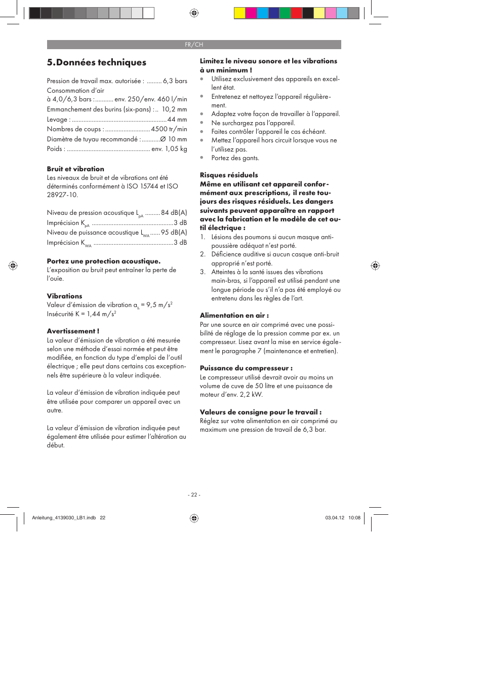 Données techniques | Parkside PDMH 4500 A2 User Manual | Page 22 / 62