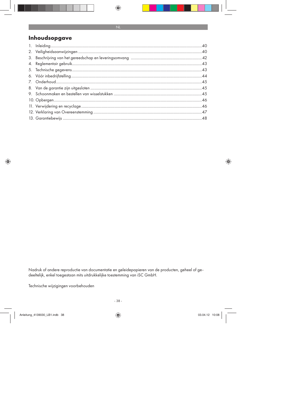 Inhoudsopgave | Parkside PDMH 4500 A2 User Manual | Page 38 / 62
