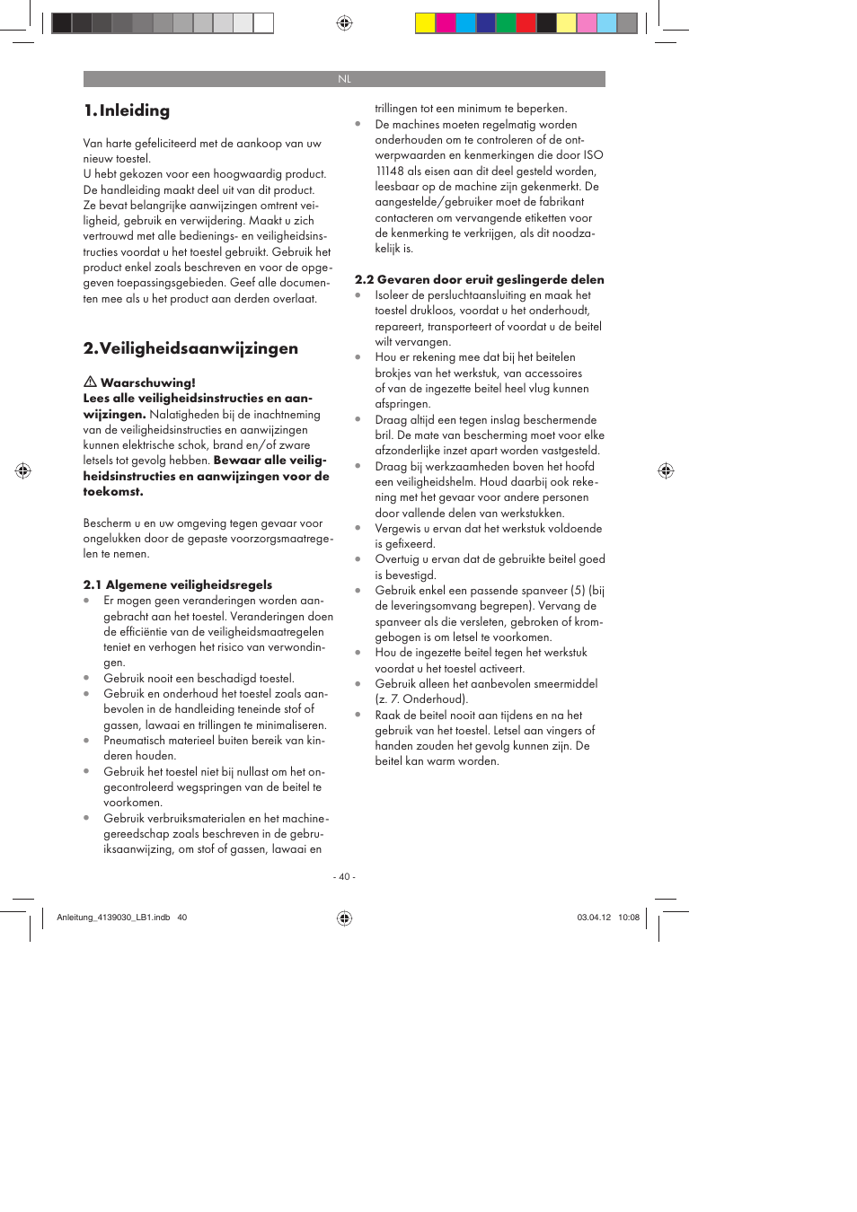 Inleiding, Veiligheidsaanwijzingen | Parkside PDMH 4500 A2 User Manual | Page 40 / 62