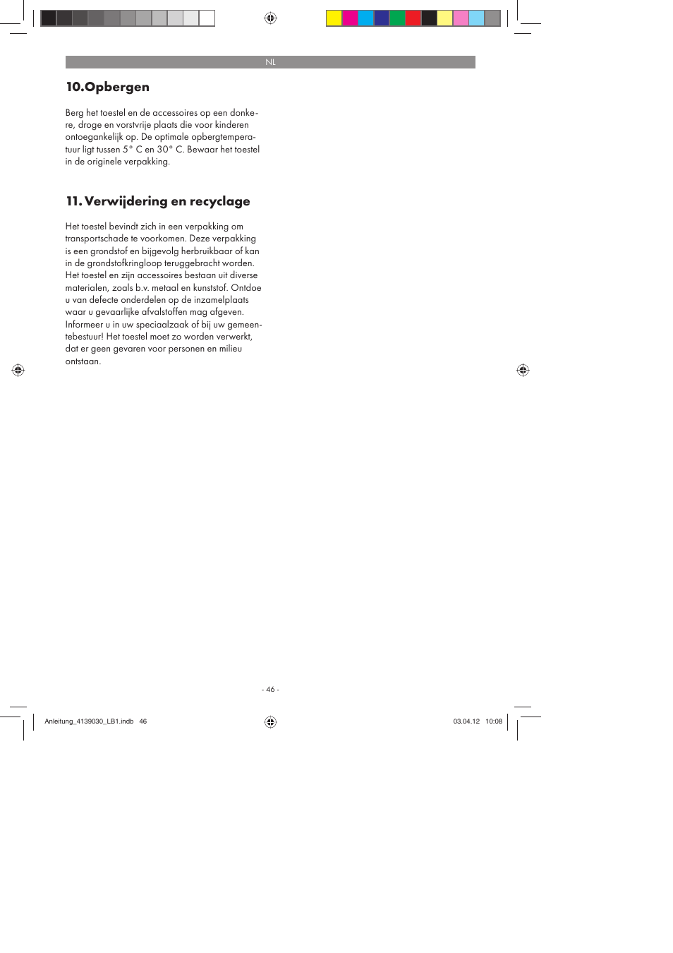 Opbergen, Verwijdering en recyclage | Parkside PDMH 4500 A2 User Manual | Page 46 / 62