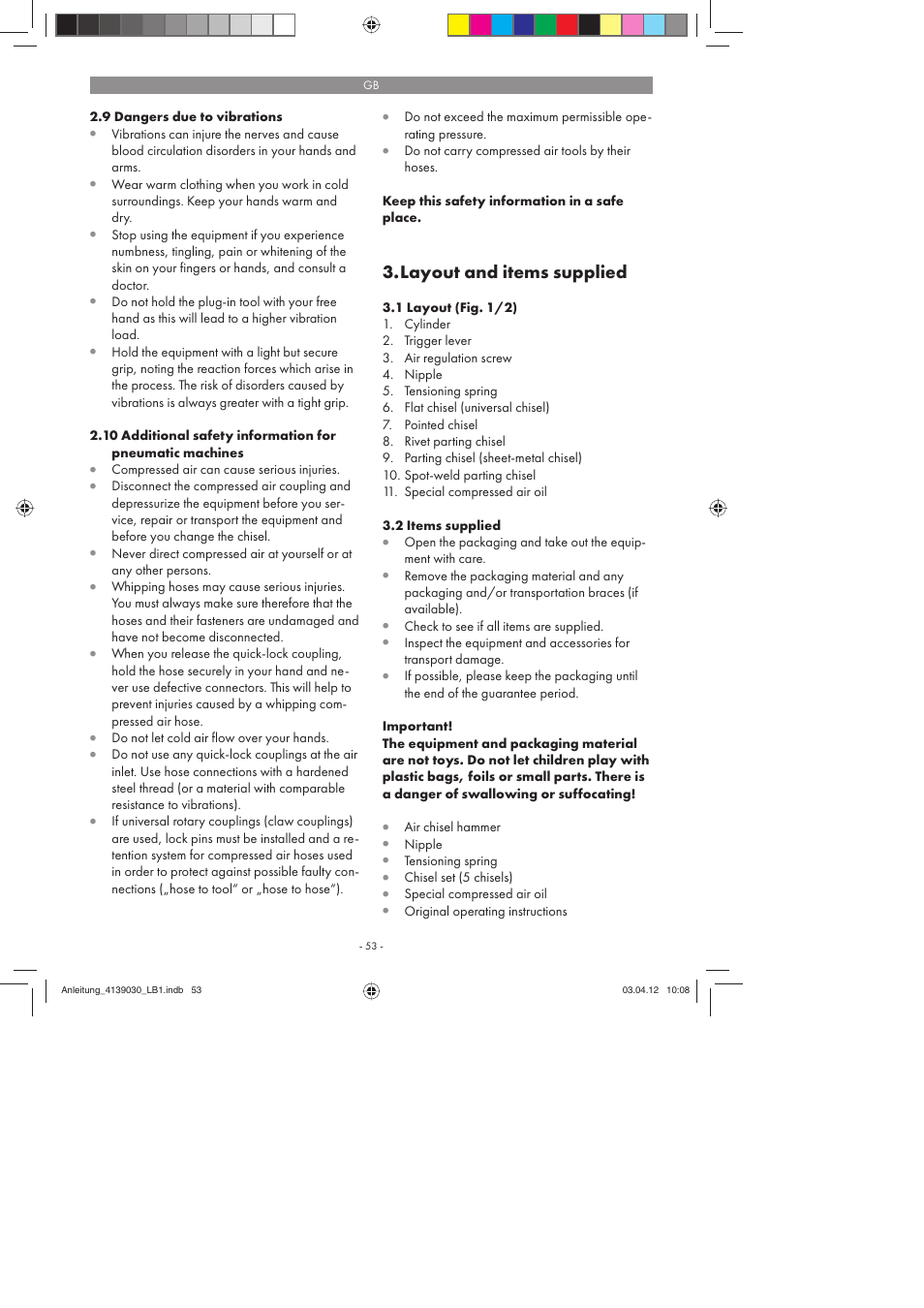 Layout and items supplied | Parkside PDMH 4500 A2 User Manual | Page 53 / 62
