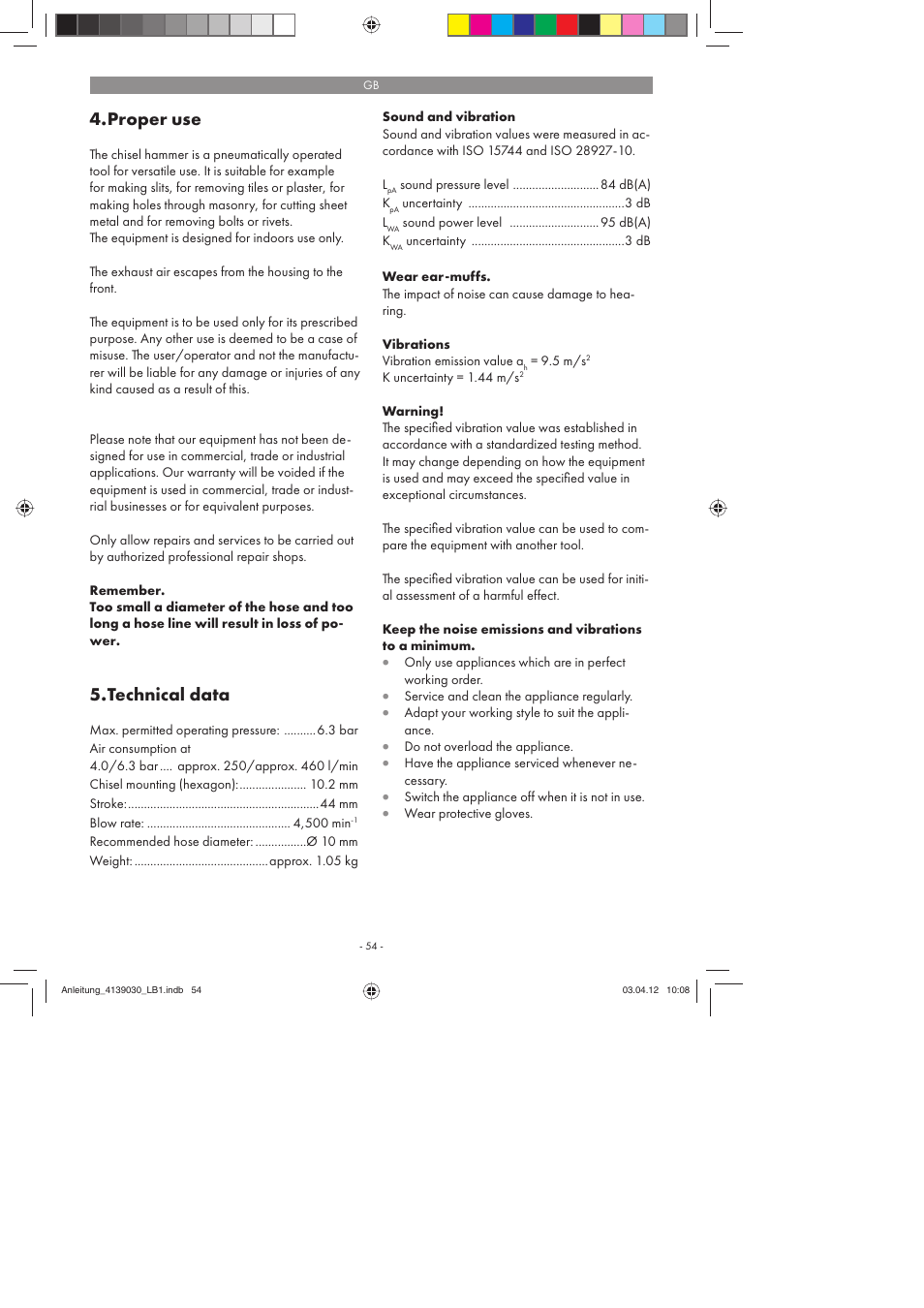 Proper use, Technical data | Parkside PDMH 4500 A2 User Manual | Page 54 / 62