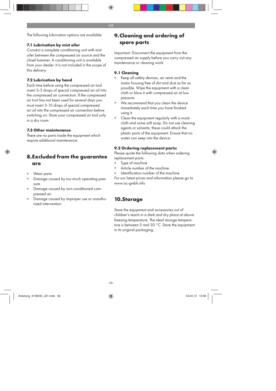 Excluded from the guarantee are, Cleaning and ordering of spare parts, Storage | Parkside PDMH 4500 A2 User Manual | Page 56 / 62