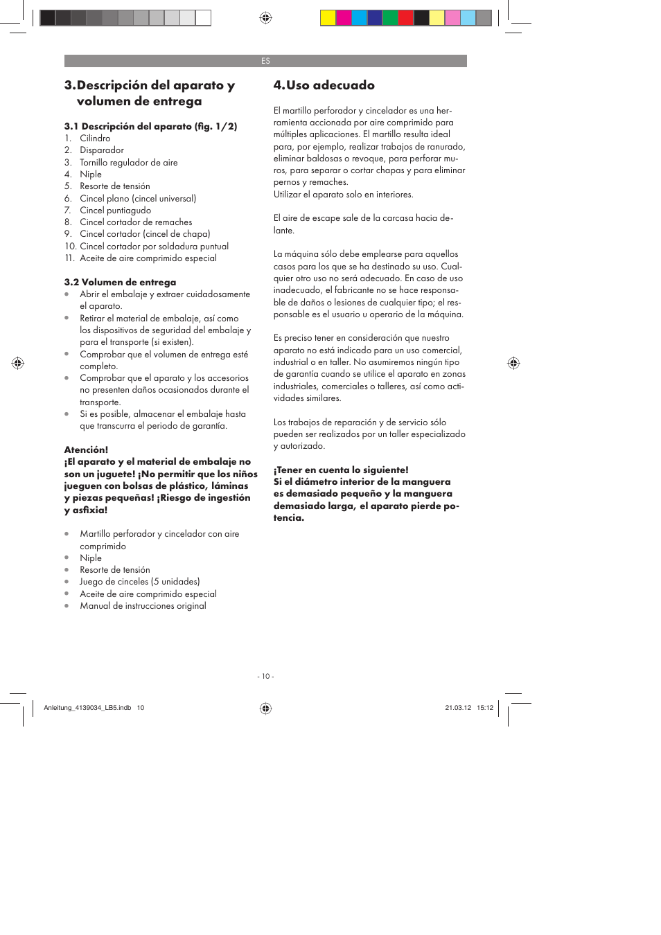 Descripción del aparato y volumen de entrega, Uso adecuado | Parkside PDMH 4500 A2 User Manual | Page 10 / 62