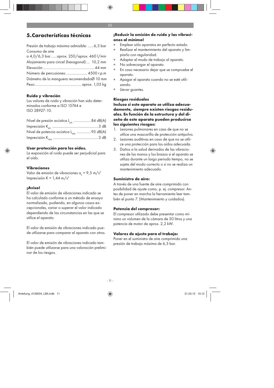 Características técnicas | Parkside PDMH 4500 A2 User Manual | Page 11 / 62