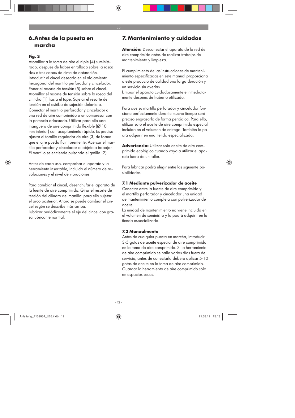 Antes de la puesta en marcha, Mantenimiento y cuidados | Parkside PDMH 4500 A2 User Manual | Page 12 / 62